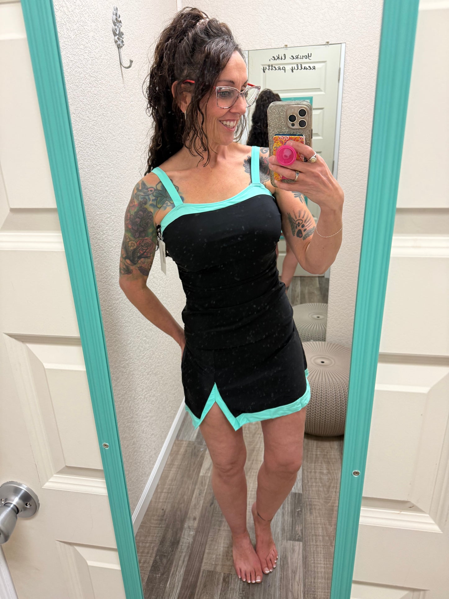 Hit The Pool Skirted Swimsuit- Black/Aqua