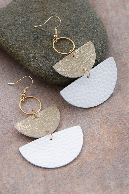 White and gold leather drop earrings