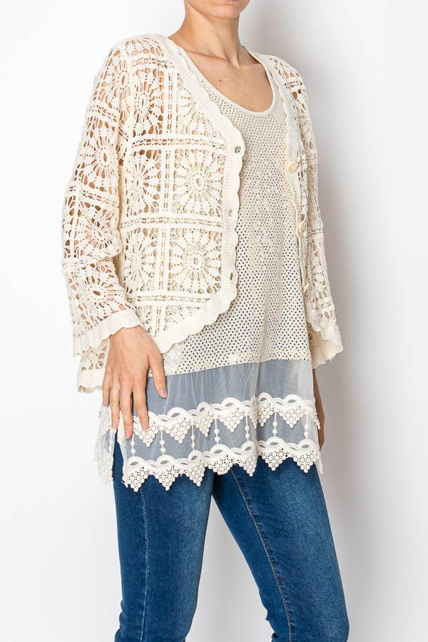 Candi Cropped Scalloped Crochet Button-Front Cardigan