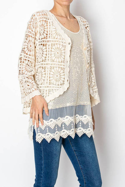 Candi Cropped Scalloped Crochet Button-Front Cardigan