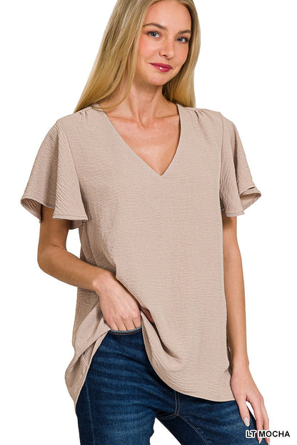 Whitney - LT Mocha - Flutter Sleeve Top