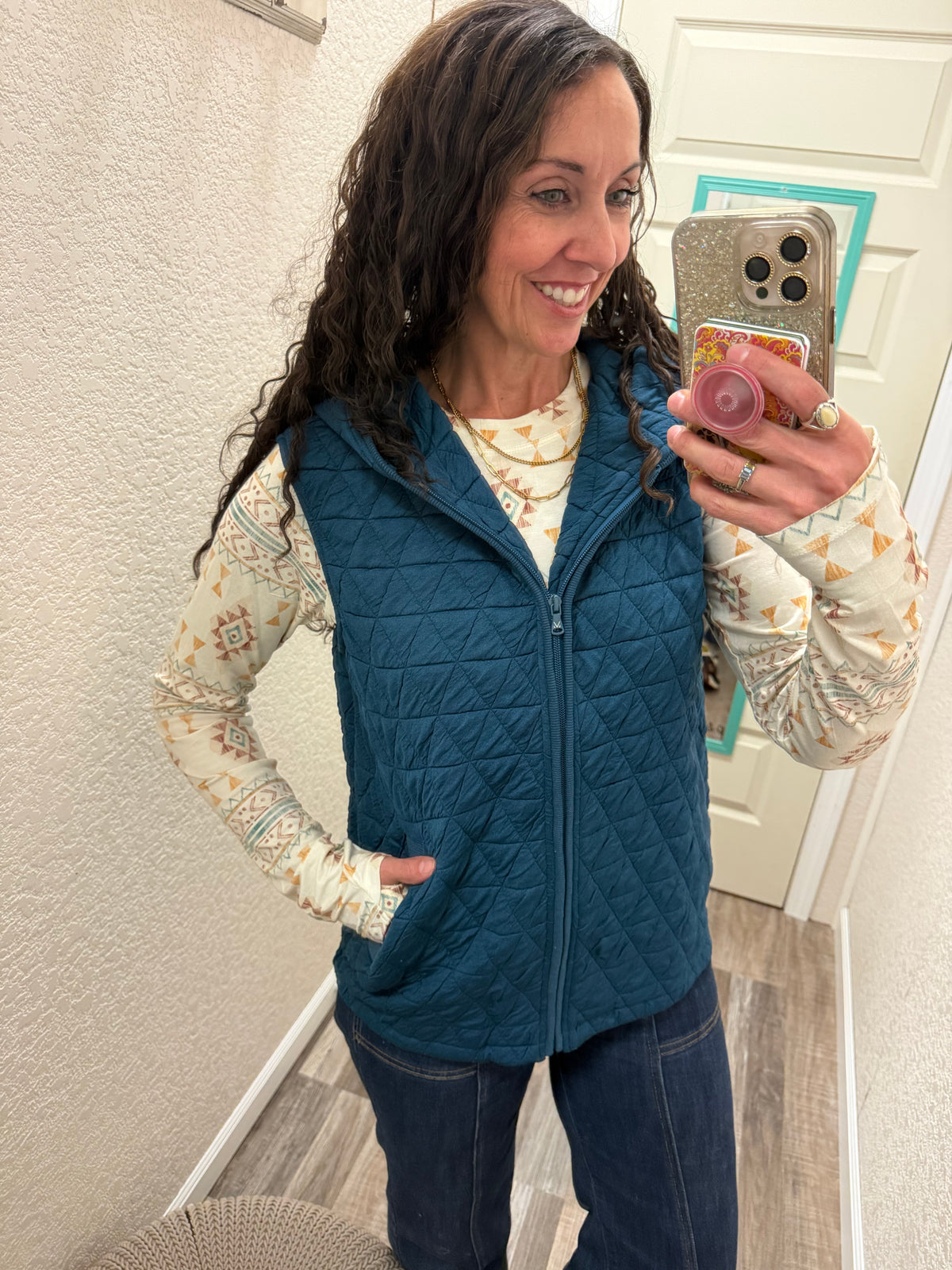 Teal Heather Geometric Hooded Vest