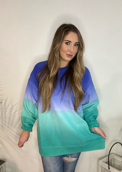 Ocean Views Ombré Cozy Corded Crew (Blue/Green)