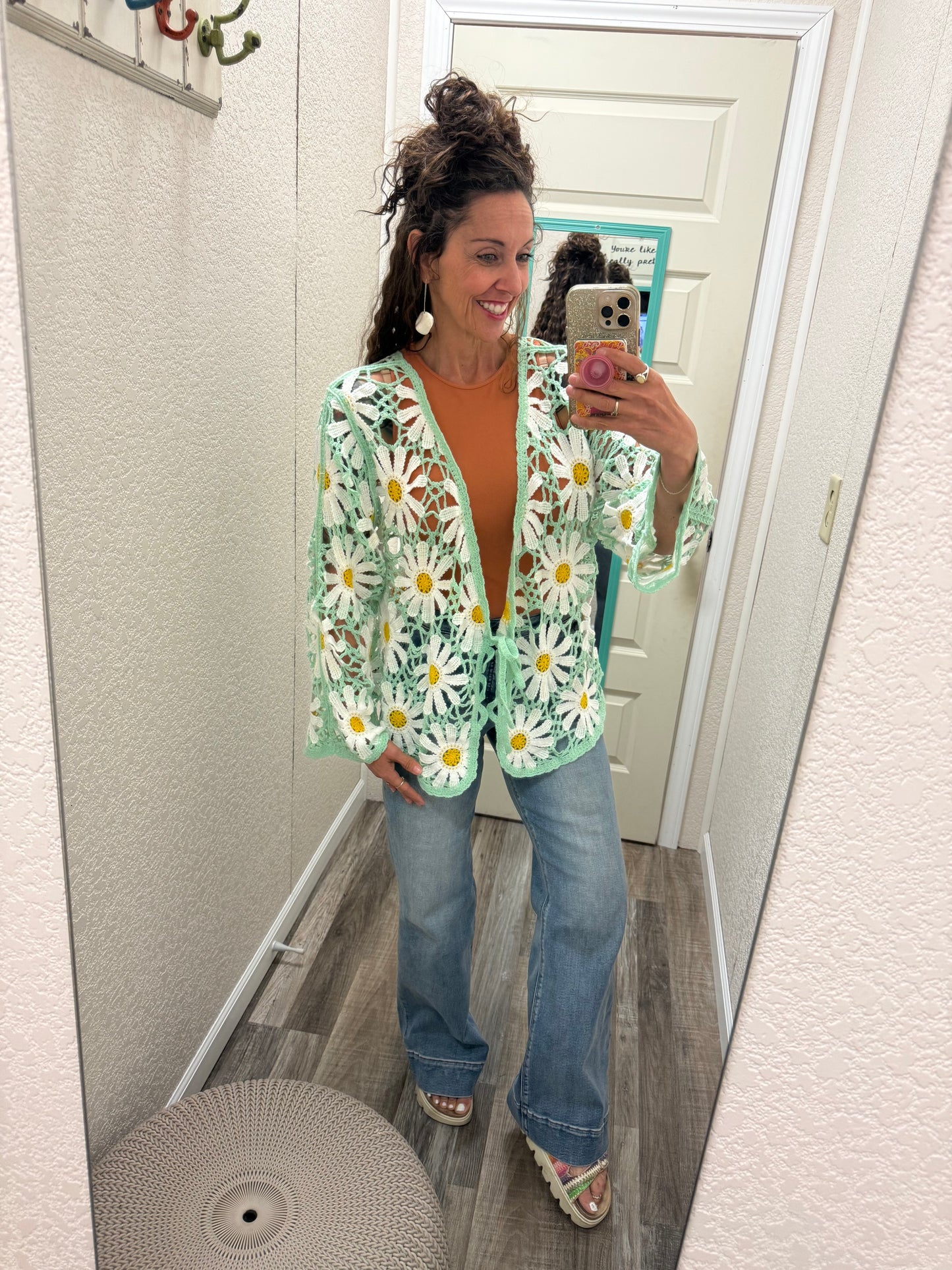 Daisy Long sleeve V neck crochet knit open cardigan: One Size
