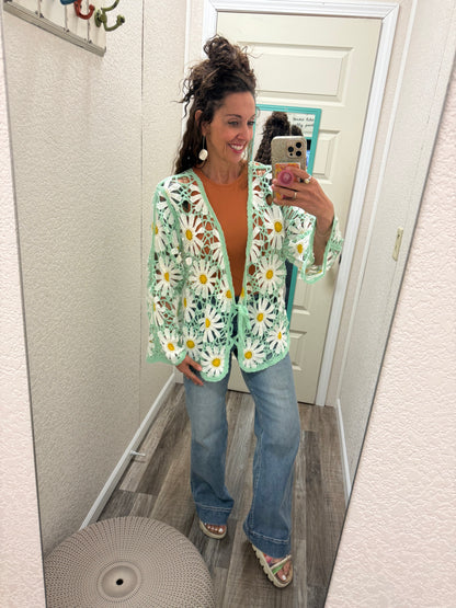 Daisy Long sleeve V neck crochet knit open cardigan: One Size