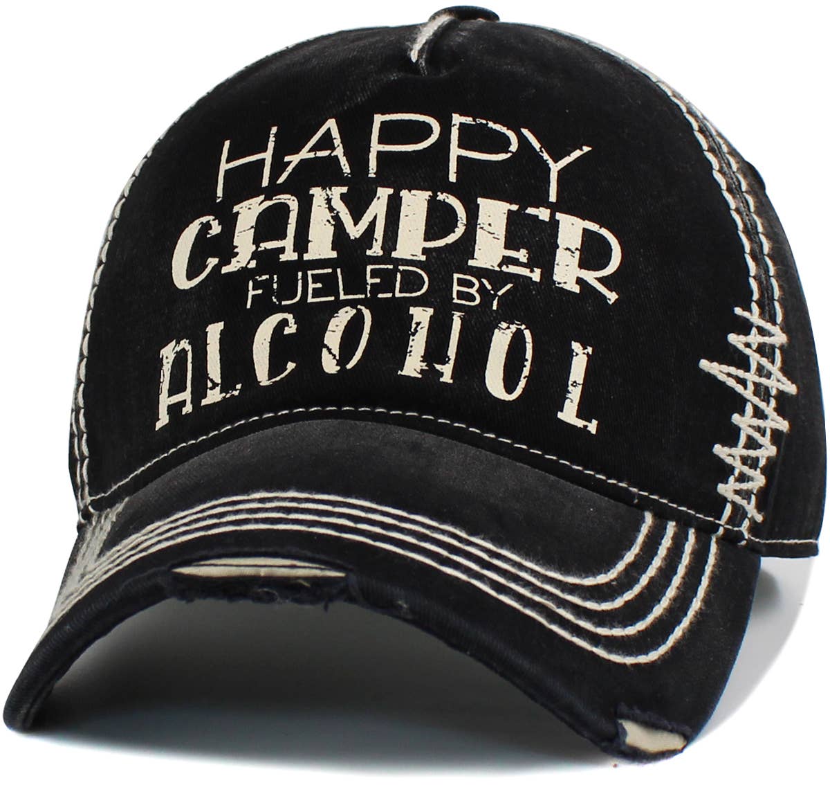 Happy Camper Fueled By Alcohol Vintage Ballcap: BLK