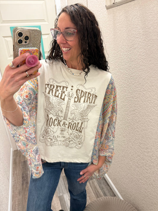 Free Spirit Rock & Roll Graphic Boho Sheer Kaftan Top: ANTIQUE WHITE