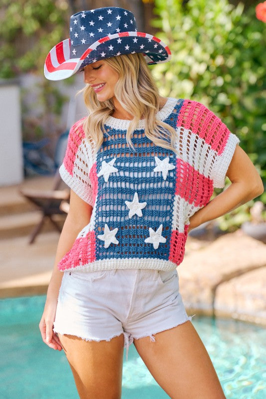 Starry Patches Open Knit Short Sleeve Top