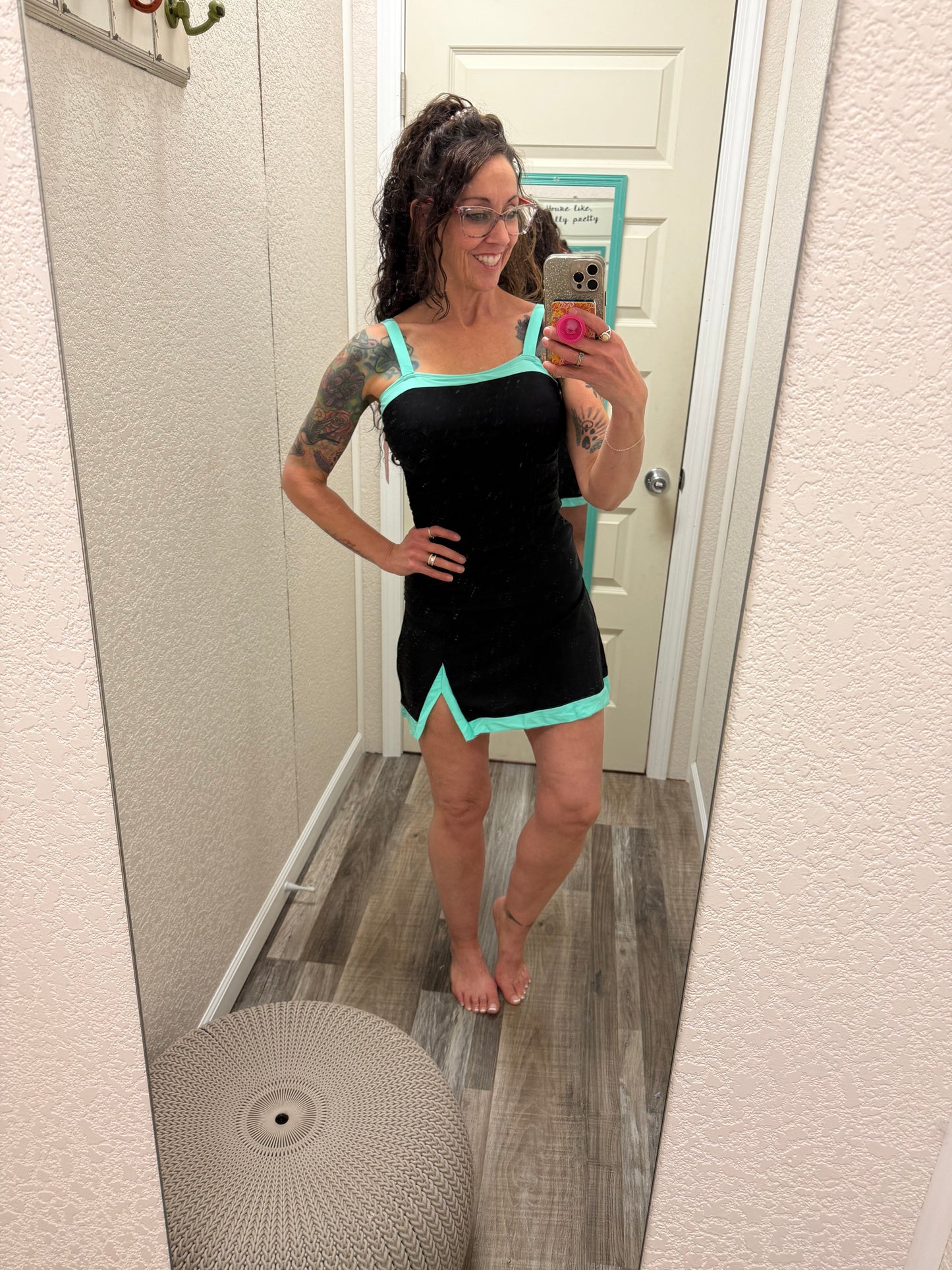 Hit The Pool Skirted Swimsuit- Black/Aqua