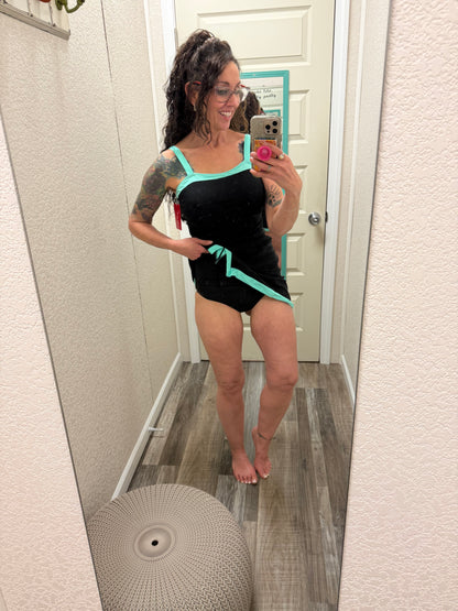 Hit The Pool Skirted Swimsuit- Black/Aqua