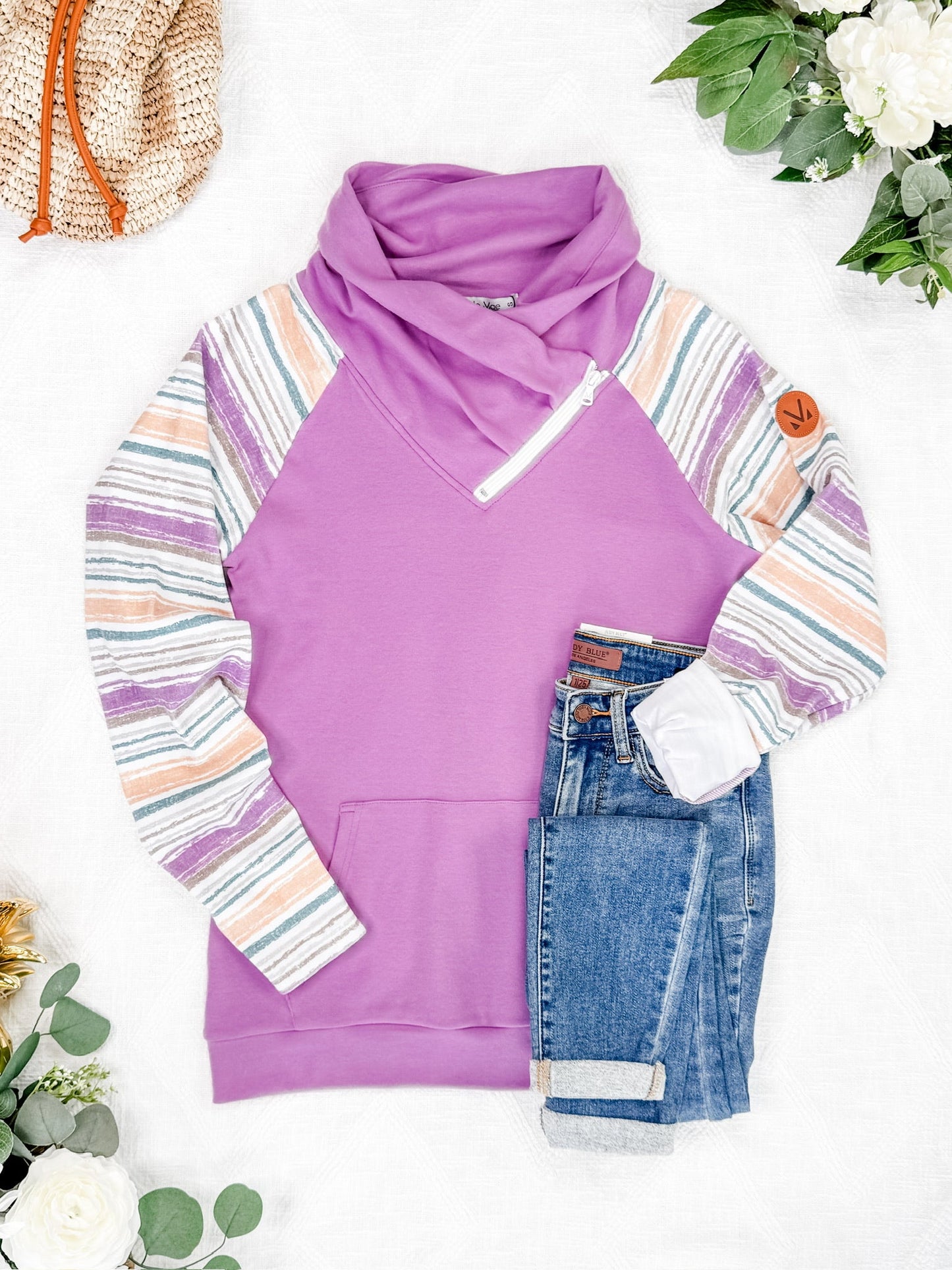 IN STOCK Zoey ZipCowl Sweatshirt - Mauve and Stripes