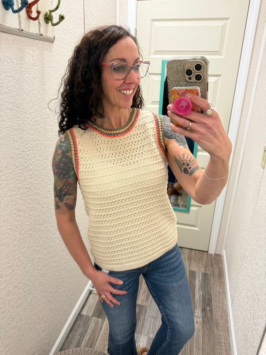 Marie MULTI COLOR TRIM CROCHET SLEEVELESS Top