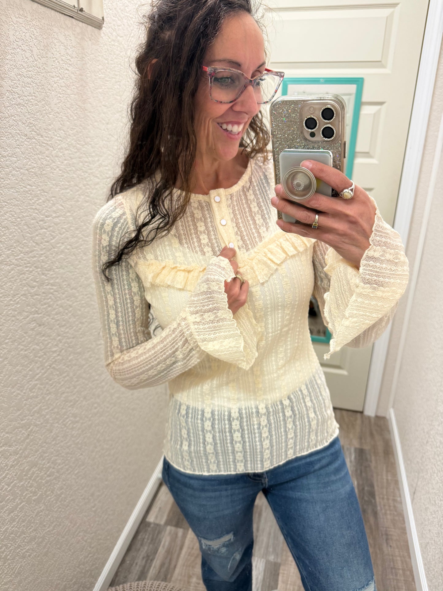 Lola Lace Ruffle Detail Henley Neck Top