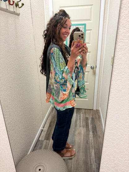 World Tour Graphic Boho Sheer Kaftan Top