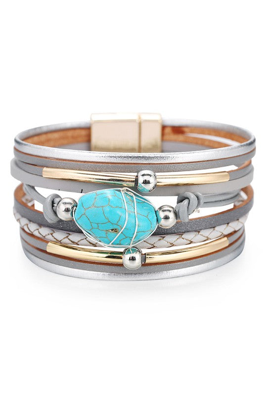 grey  turquoise, natural, leather, multi strand bracelet