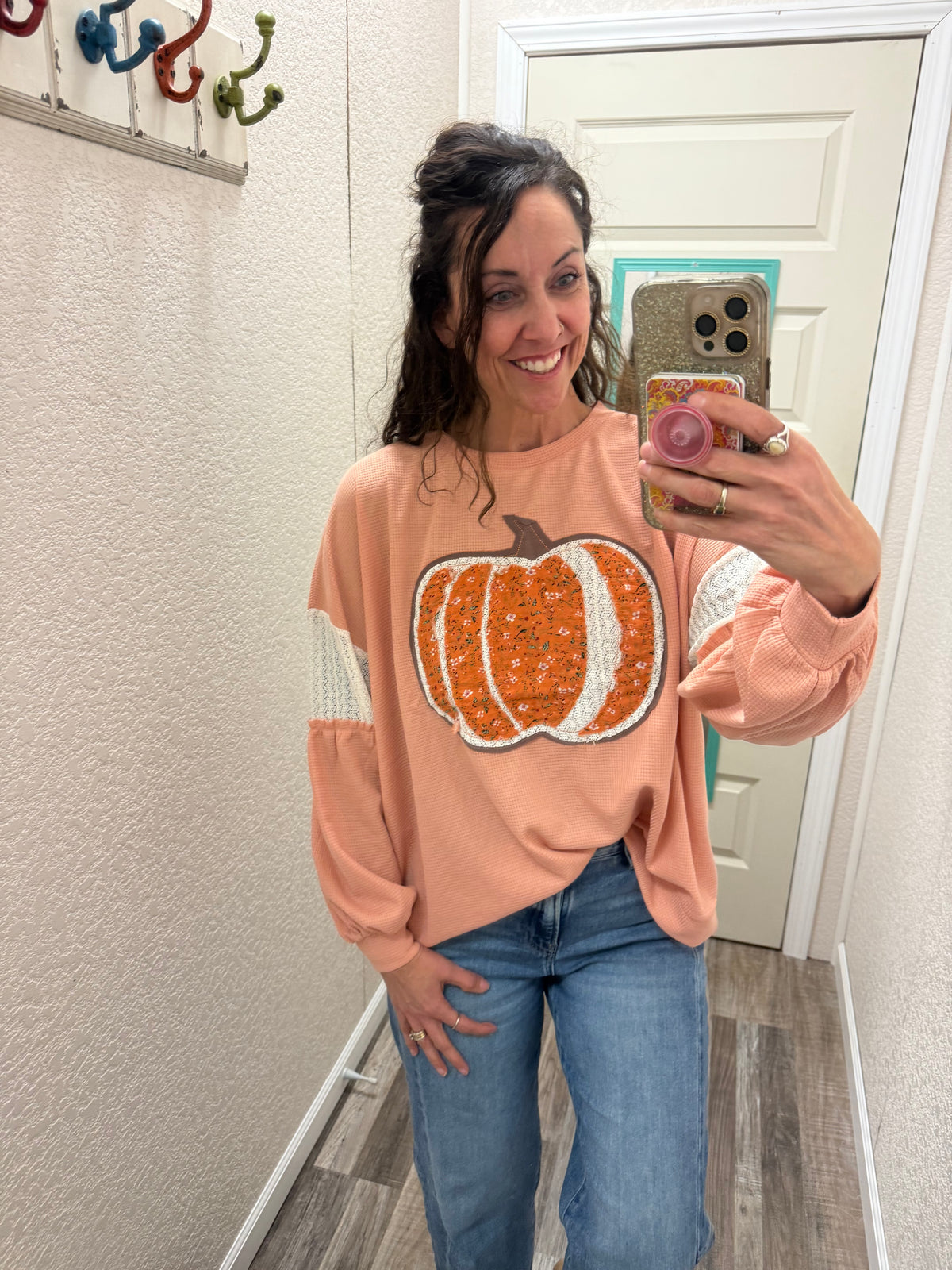 Pumpkins Round Neck Drop Shoulder Lace Detail Sleeve Top
