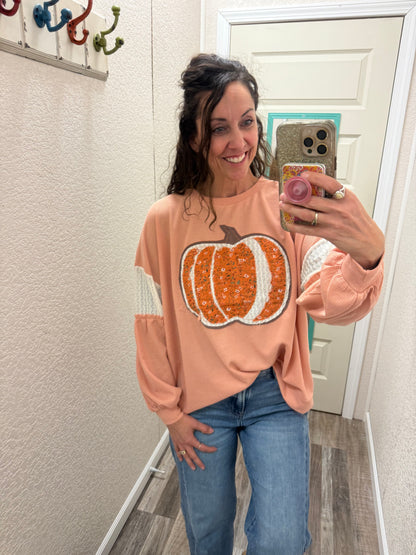 Pumpkins Round Neck Drop Shoulder Lace Detail Sleeve Top