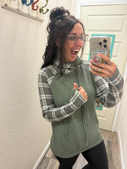 Holly Olive Corded PLAID CONTRAST DRAWSTRING HOODIE With Thumbholes