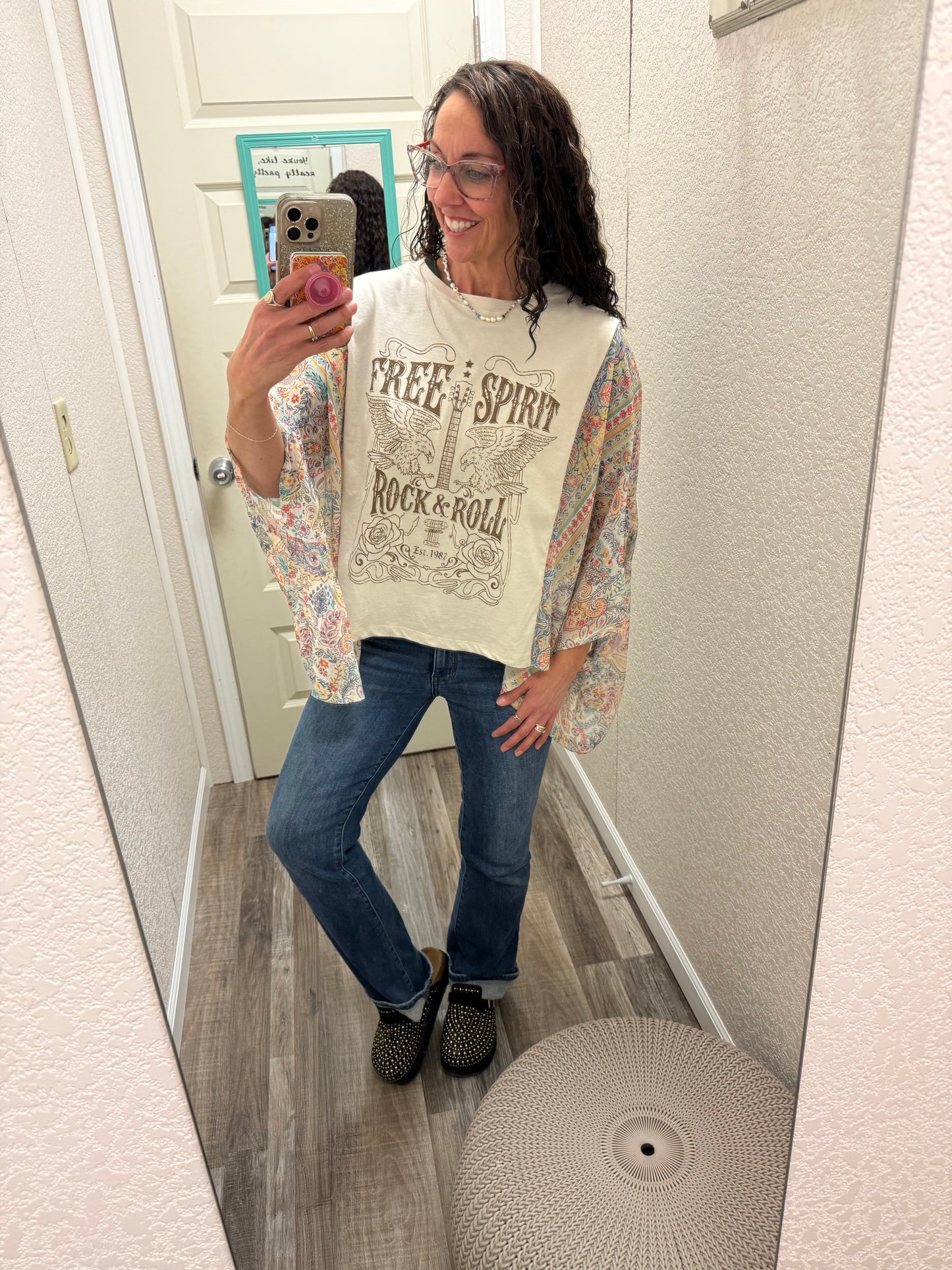 Free Spirit Rock & Roll Graphic Boho Sheer Kaftan Top: ANTIQUE WHITE