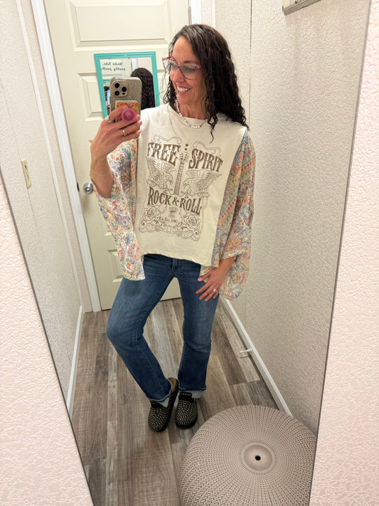 Free Spirit Rock & Roll Graphic Boho Sheer Kaftan Top: ANTIQUE WHITE