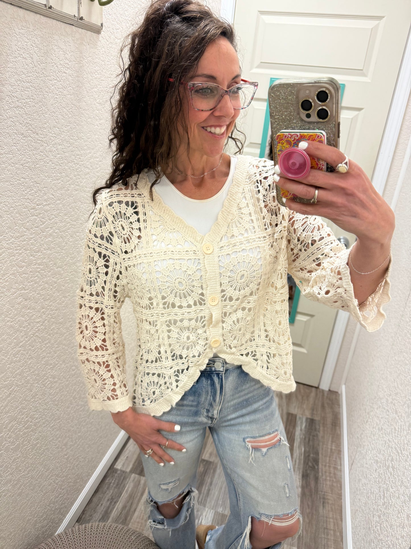 Candi Cropped Scalloped Crochet Button-Front Cardigan