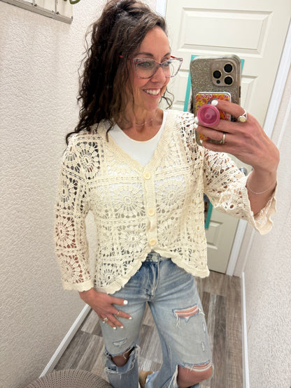 Candi Cropped Scalloped Crochet Button-Front Cardigan