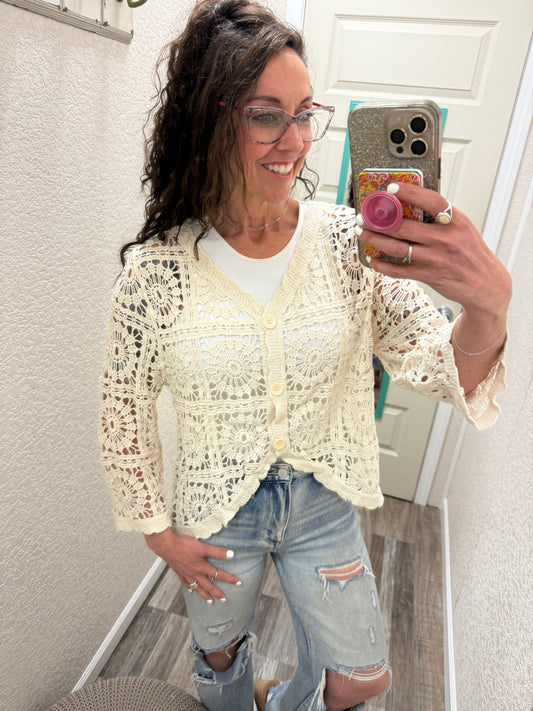 Candi Cropped Scalloped Crochet Button-Front Cardigan