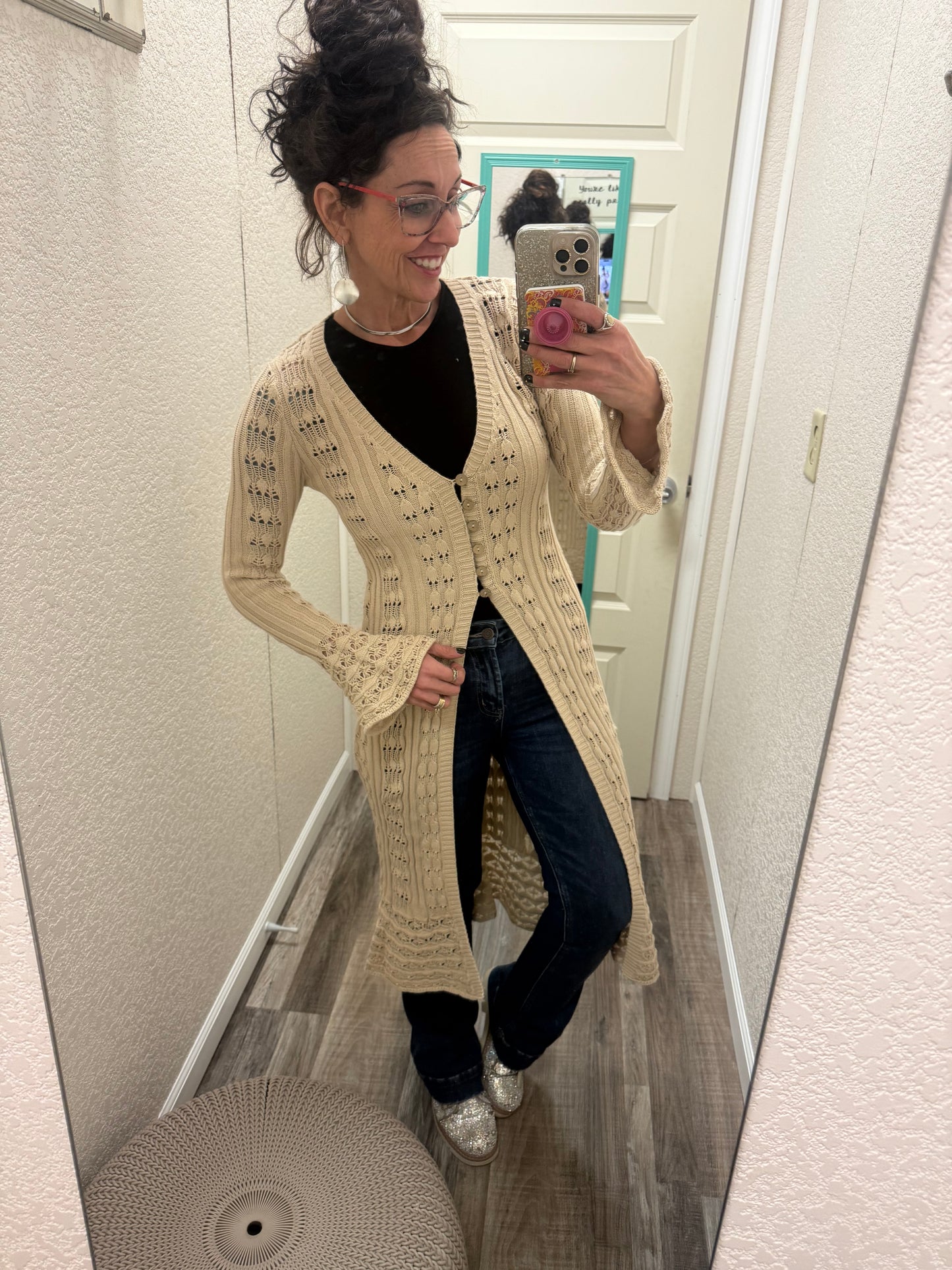 Aphrodite Greek Goddess Open Knit From Flared Long Cardigan