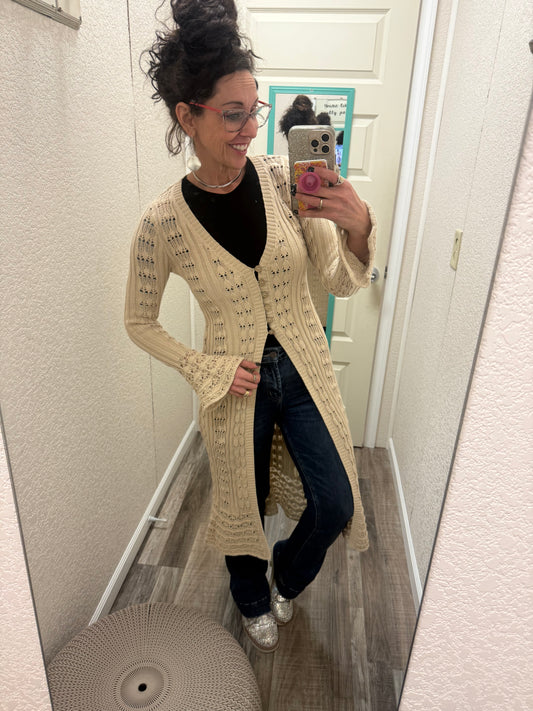 Aphrodite Greek Goddess Open Knit From Flared Long Cardigan