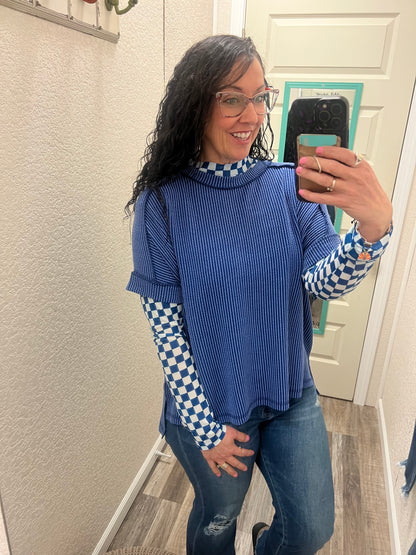 Blue & White Checkered Mesh Top