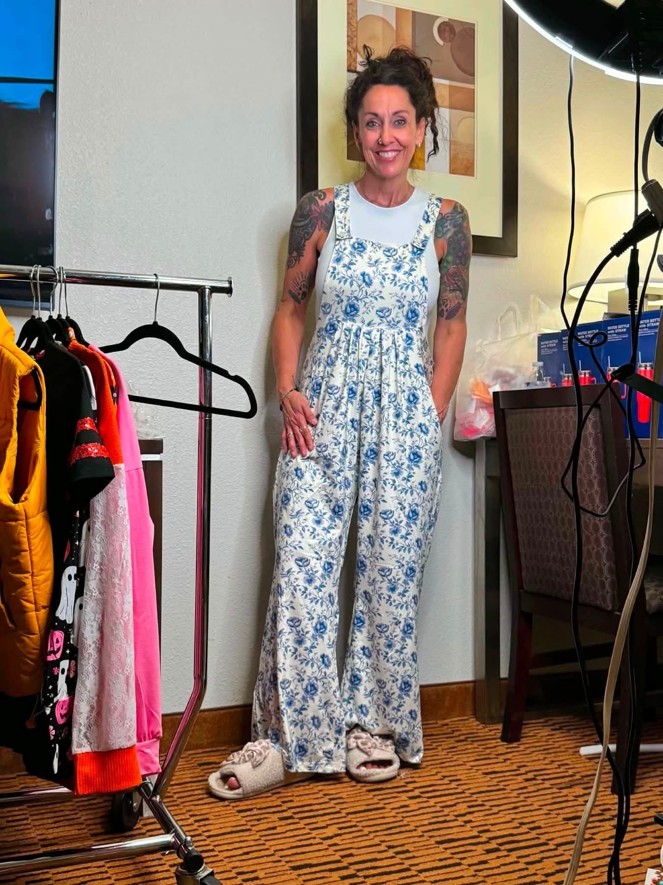 Blue Floral China Overalls