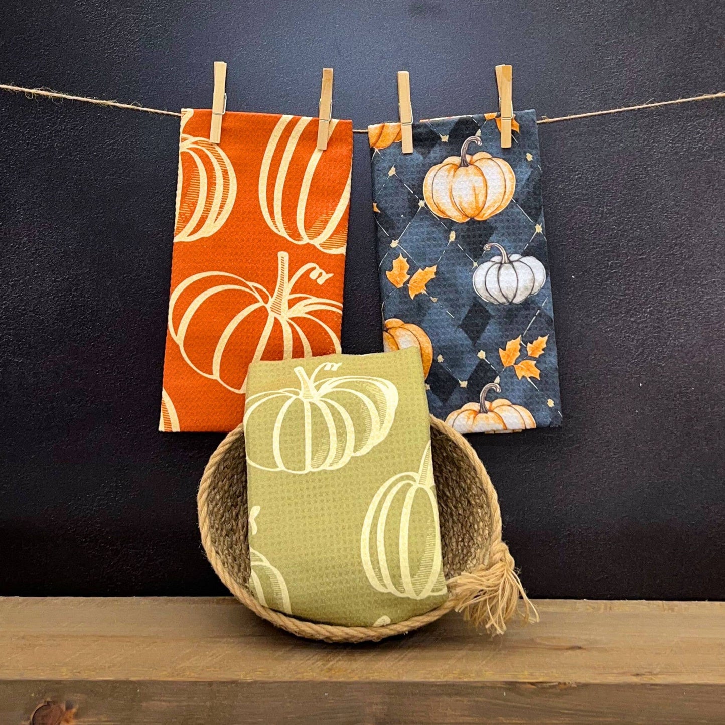 Black Plaid & Pumpkins Halloween Waffle Towels - Fall Decor
