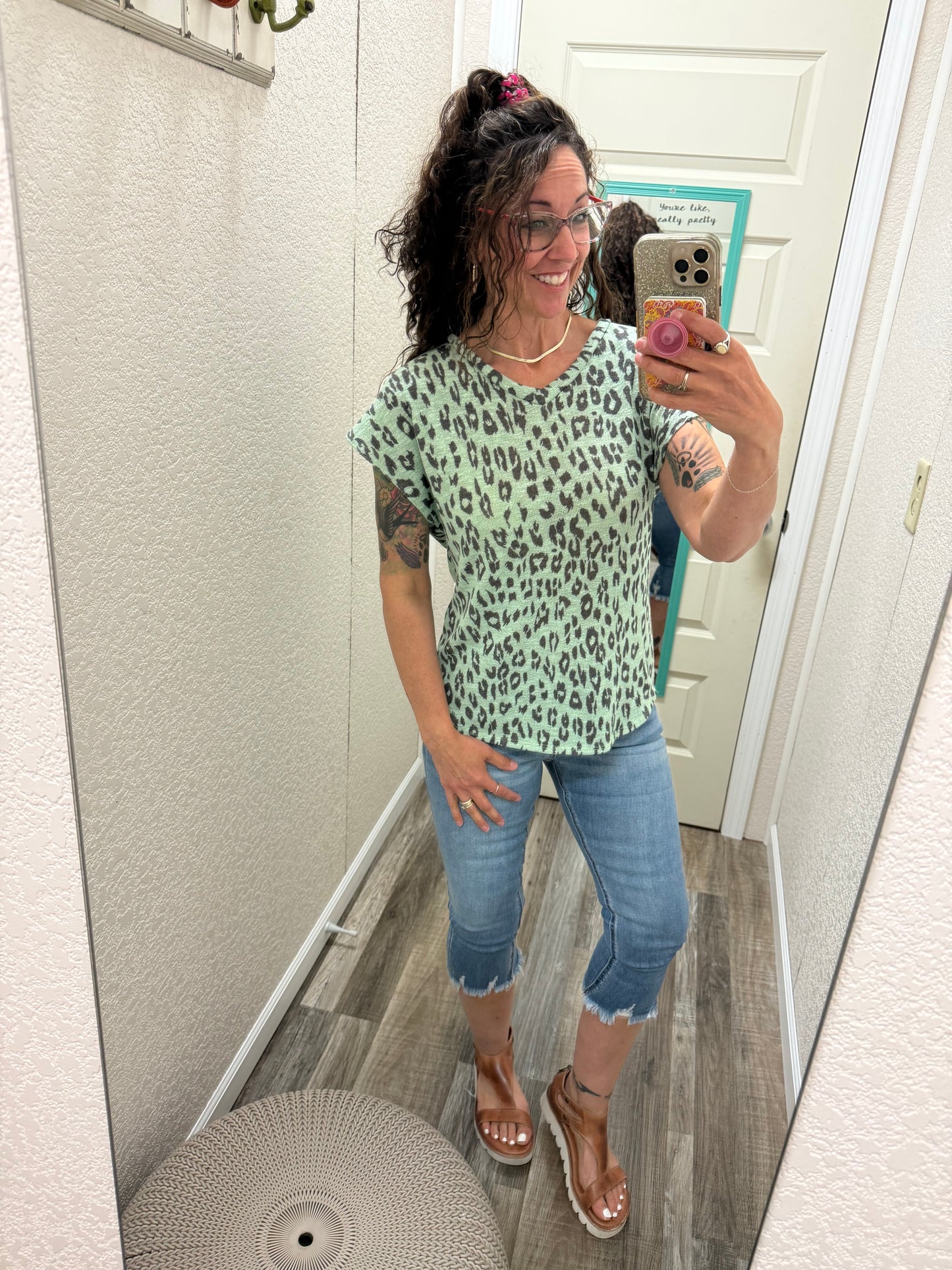 Mint Cheetah V-Neck Banded Cap Sleeve Top