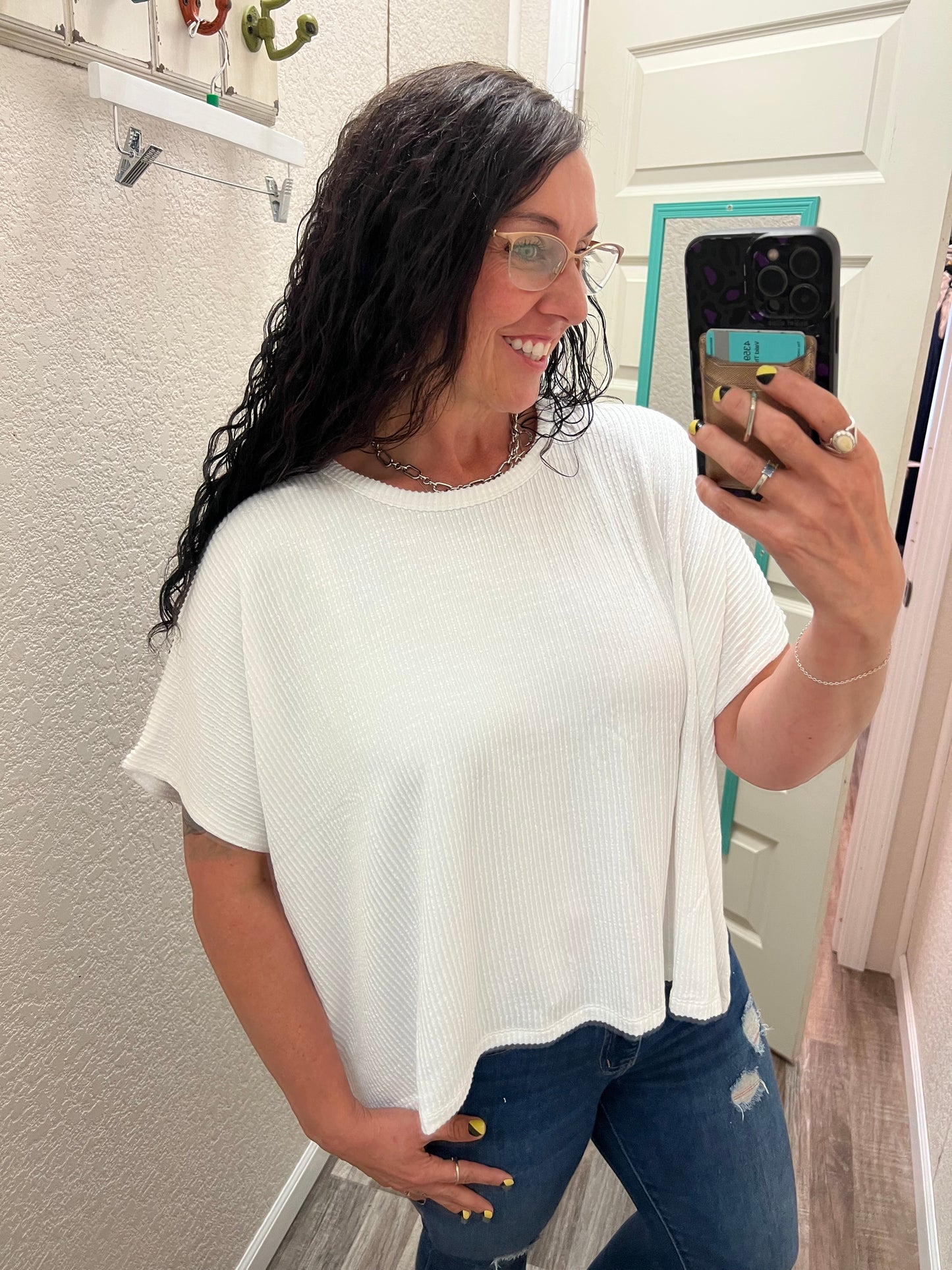 Bethany - Off White - Ribbed Short Sleeve Top