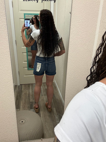 Miranda Risen dark wash Hi Rise Side Slit Shorts