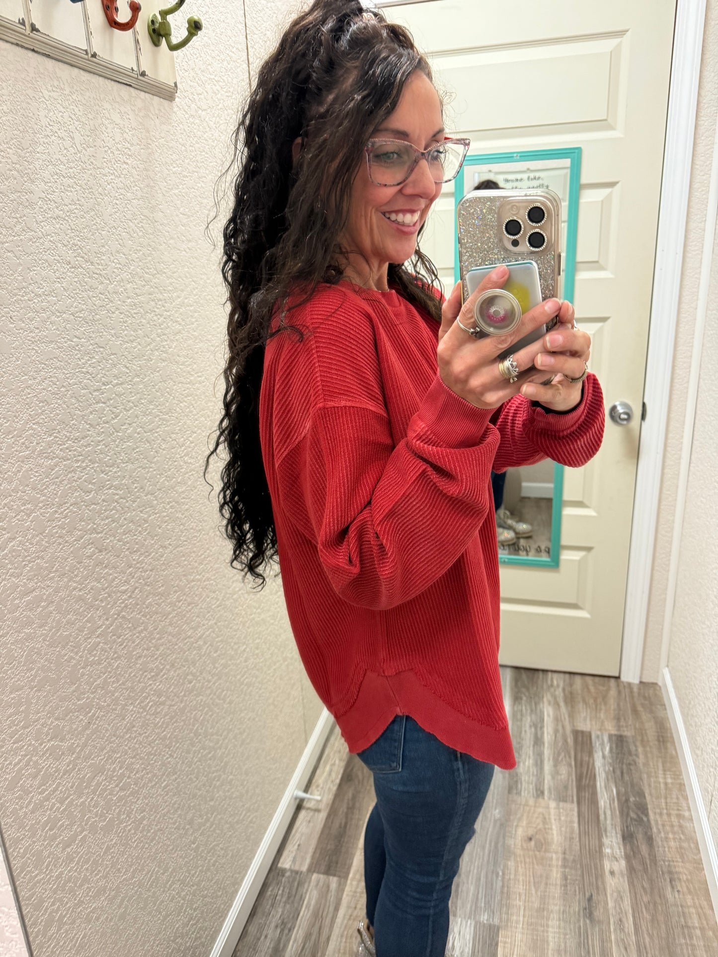 Crimson Red Rounded Bottom Luxe Corded Crew