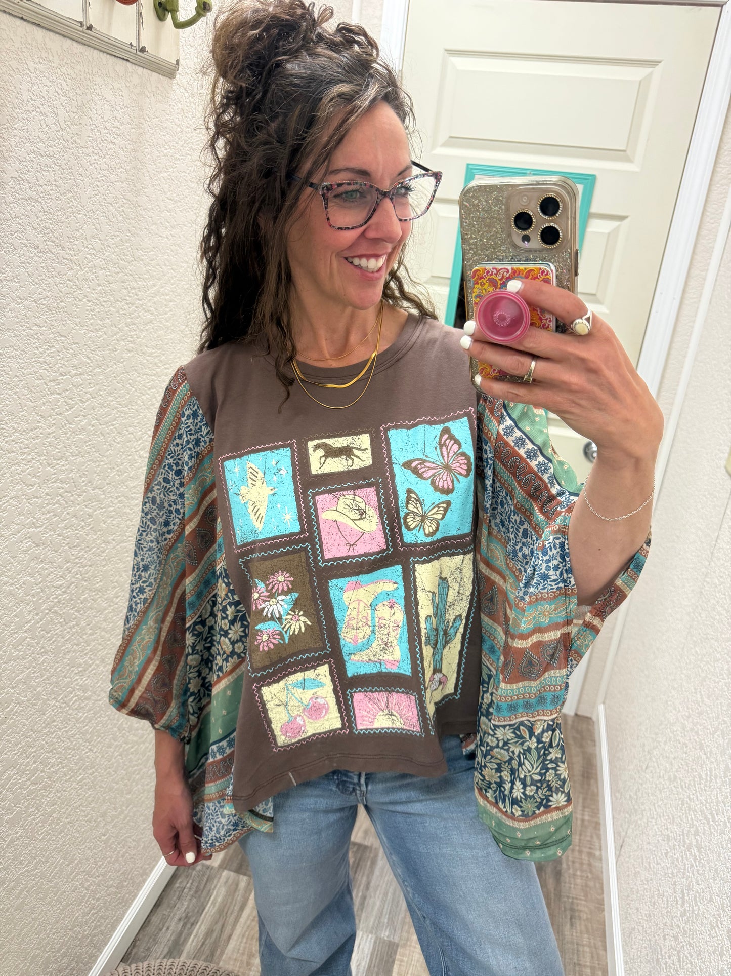 Western Elements Stamps Graphic Sheer Boho Kaftan Top