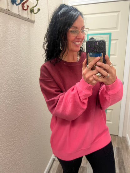 Miranda Maroon/Pink Ombré Cozy Corded Crew