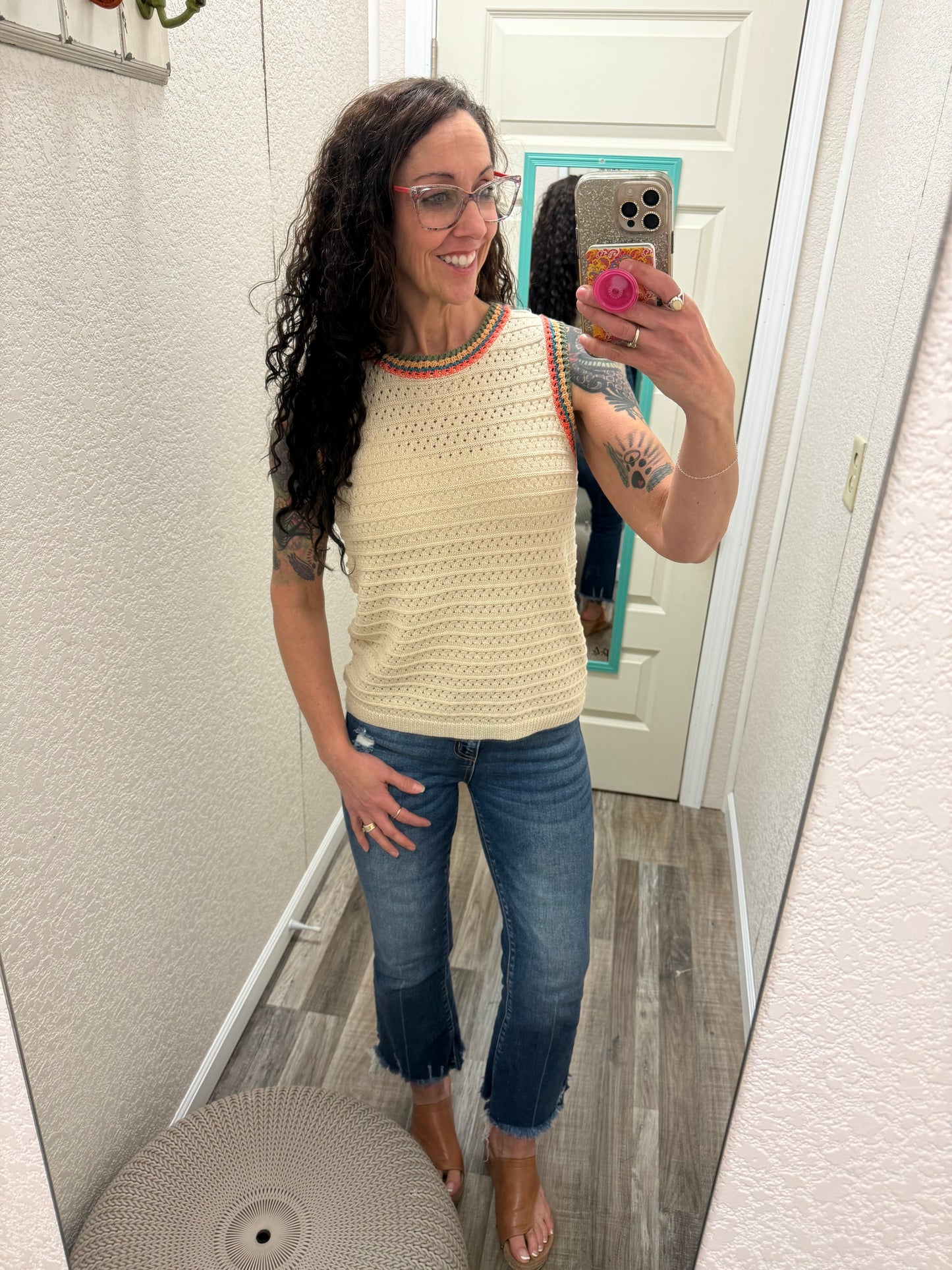 Marie MULTI COLOR TRIM CROCHET SLEEVELESS Top