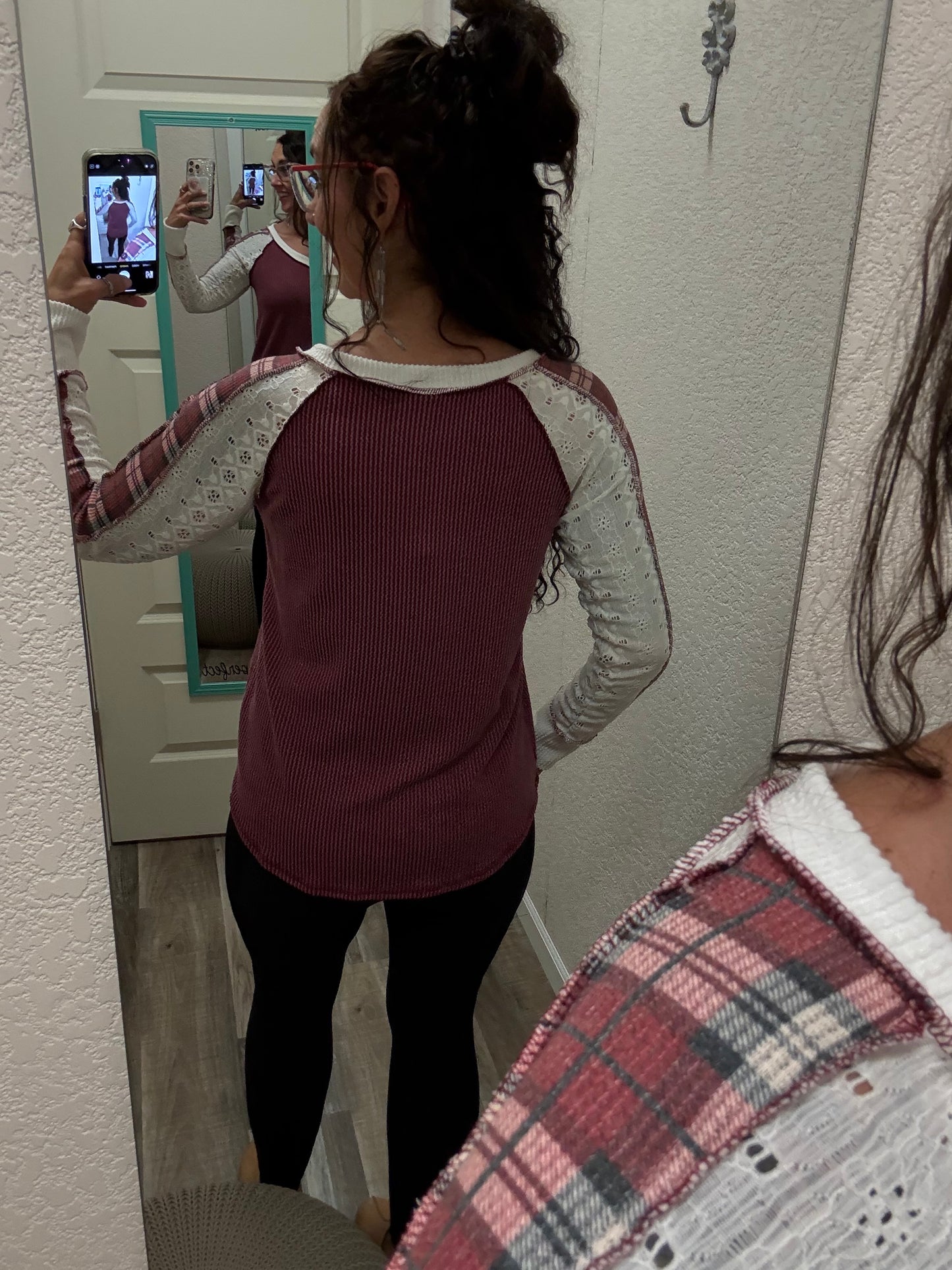 Lia Burgundy PLAID CONTRAST V Lace NECK LONG SLEEVE TOP