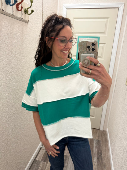 Terry Color Block Exposed Seam Short Sleeve Top