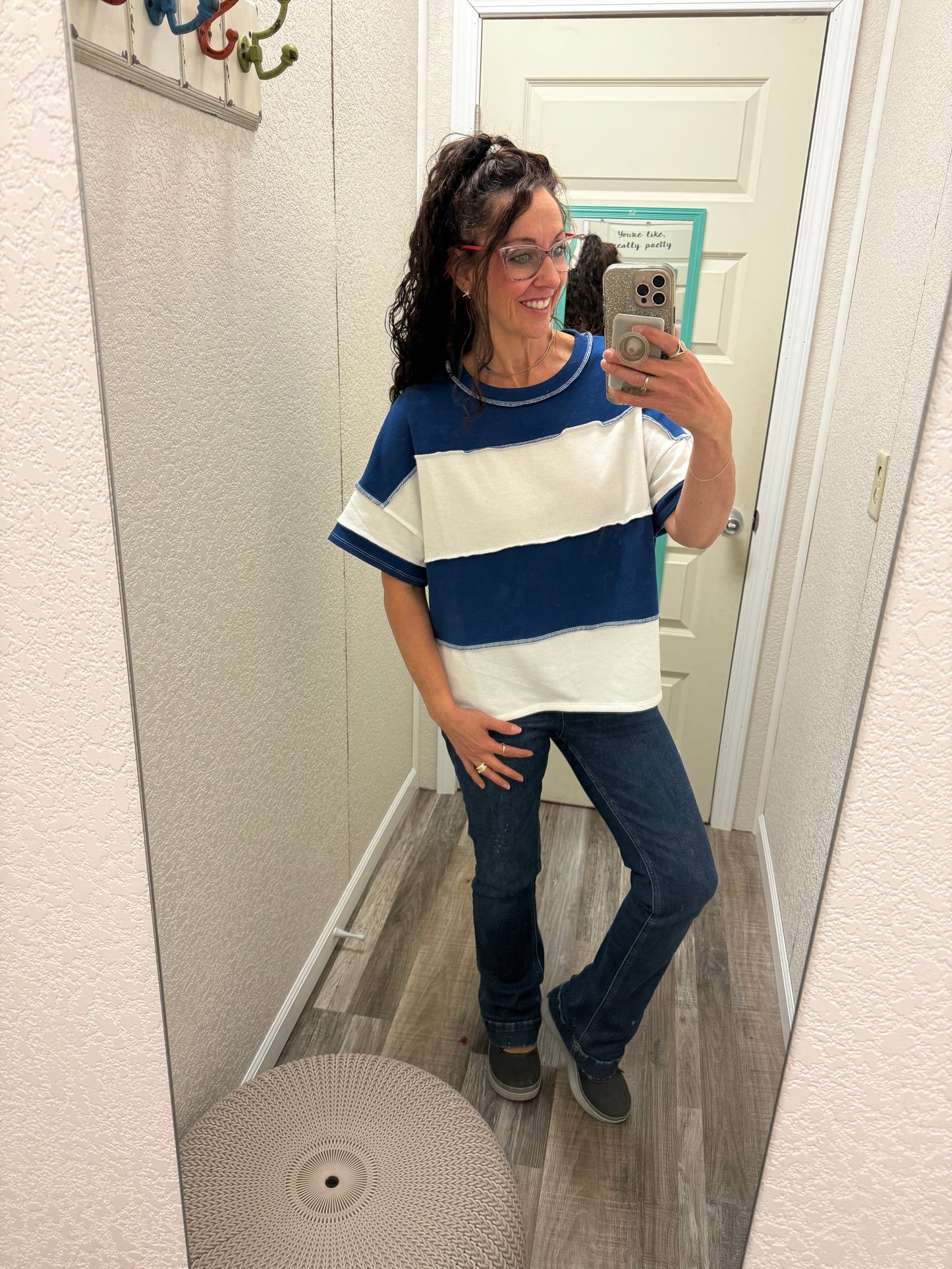 Terry Color Block Exposed Seam Short Sleeve Top