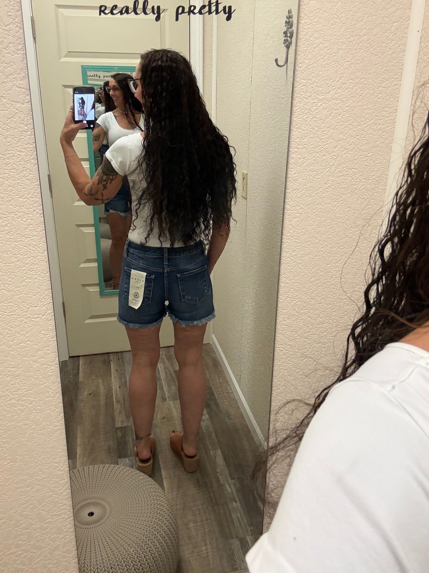 Carrie Risen Mid Rise Button Down Shorts Dark Wash