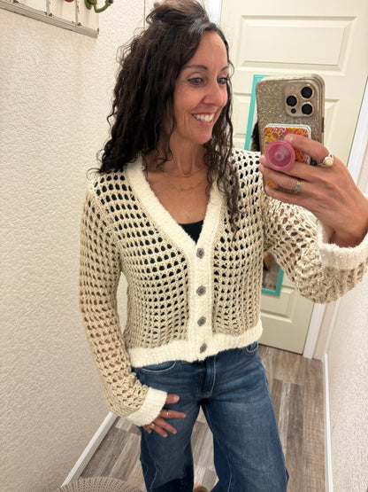 Love you A Latte - Open Knit V-neck Crochet Cardigan: