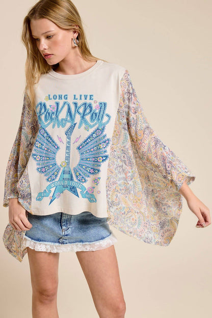 Rock N Roll  Graphic Boho Sheer Kaftan Top