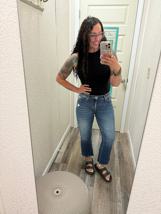 Debbie - Dark Washed Kick Crop Flare Jeans