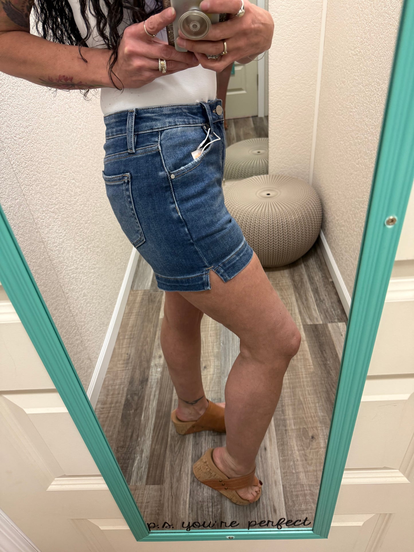 Miranda Risen dark wash Hi Rise Side Slit Shorts