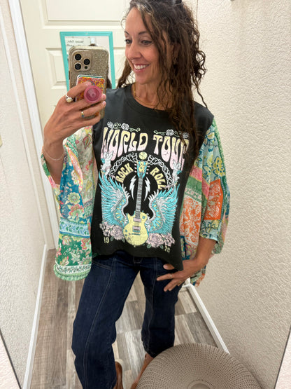 World Tour Graphic Boho Sheer Kaftan Top