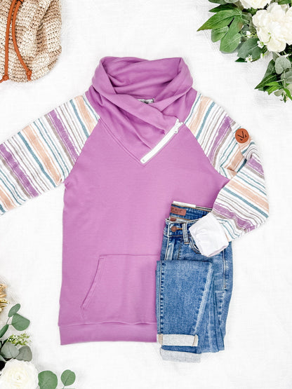 IN STOCK Zoey ZipCowl Sweatshirt - Mauve and Stripes