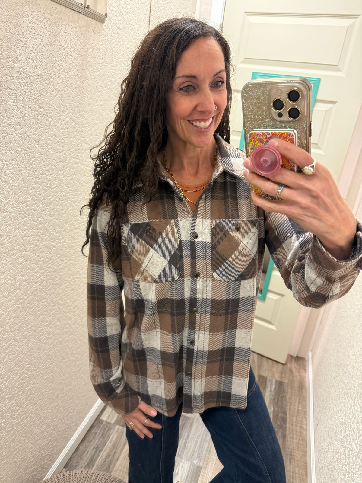 Brown, Black & Cream Plaid Button Up Flannel